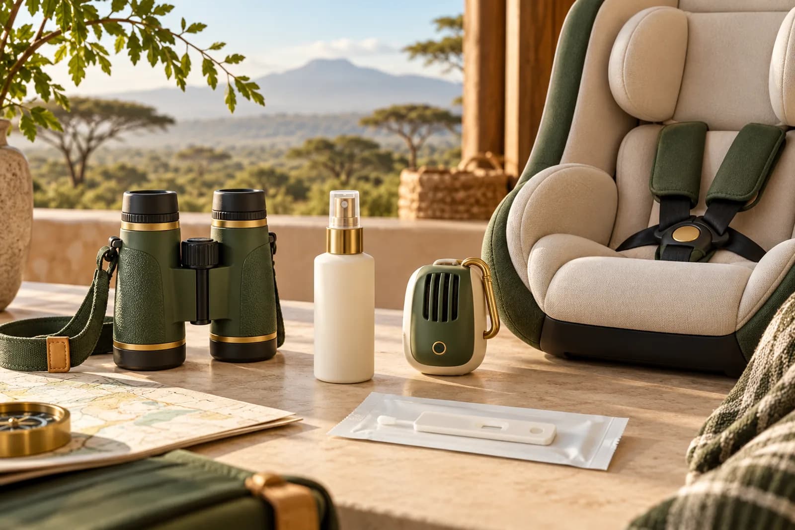 Illustrative travel essentials: binoculars, a child seat, insect repellent, a mosquito-repellent device and a generic test kit